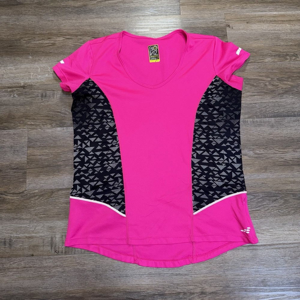 BCG Reflective Athletic Short-Sleeve V-Neck Shirt Womens XL Bright Pink Black
